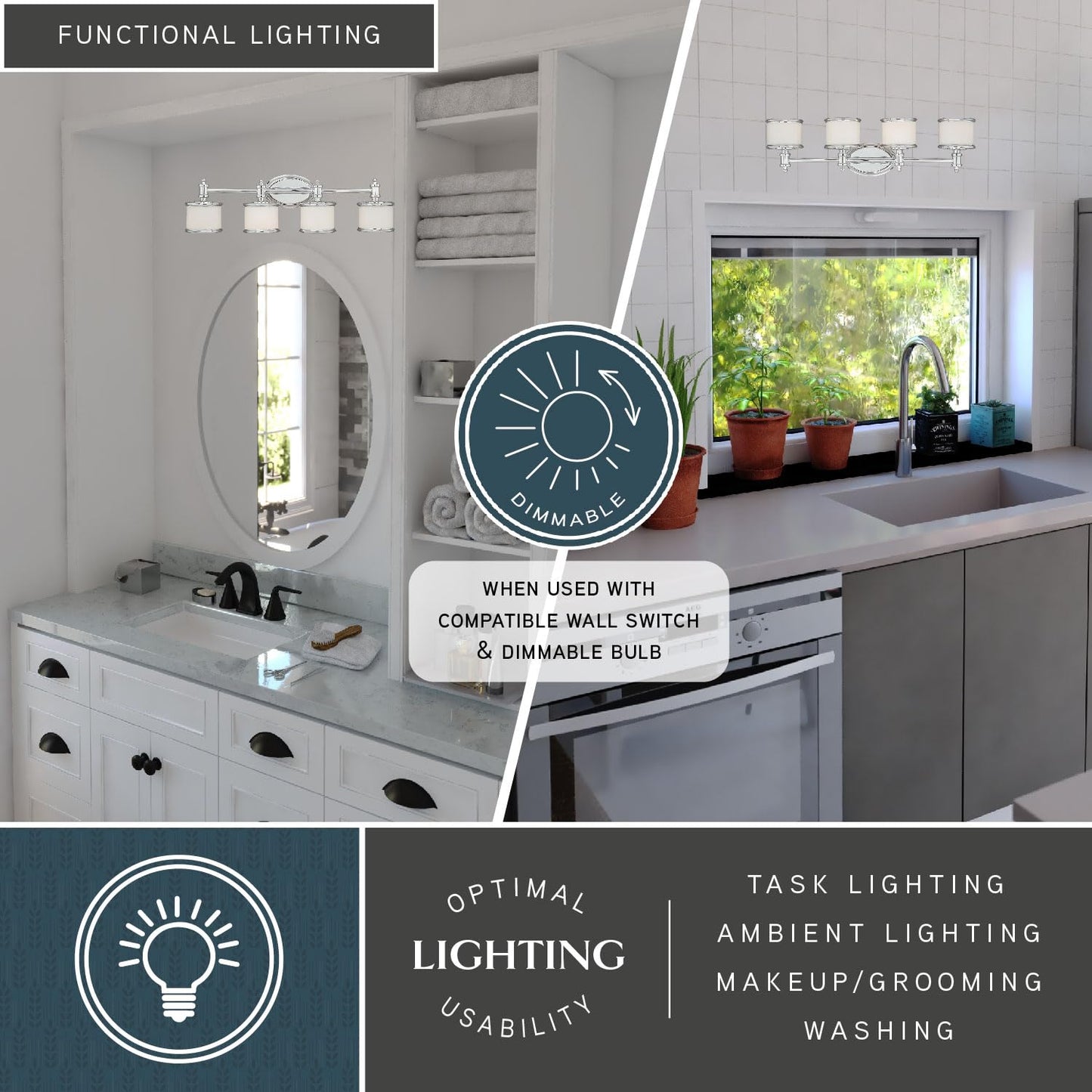 VAXCEL Carlisle 4-Light 30.25 inch Wide Chrome Transitional Bathroom Vanity Lighting Fixture, White Frosted Opal Glass Shade, Dimmable, LED