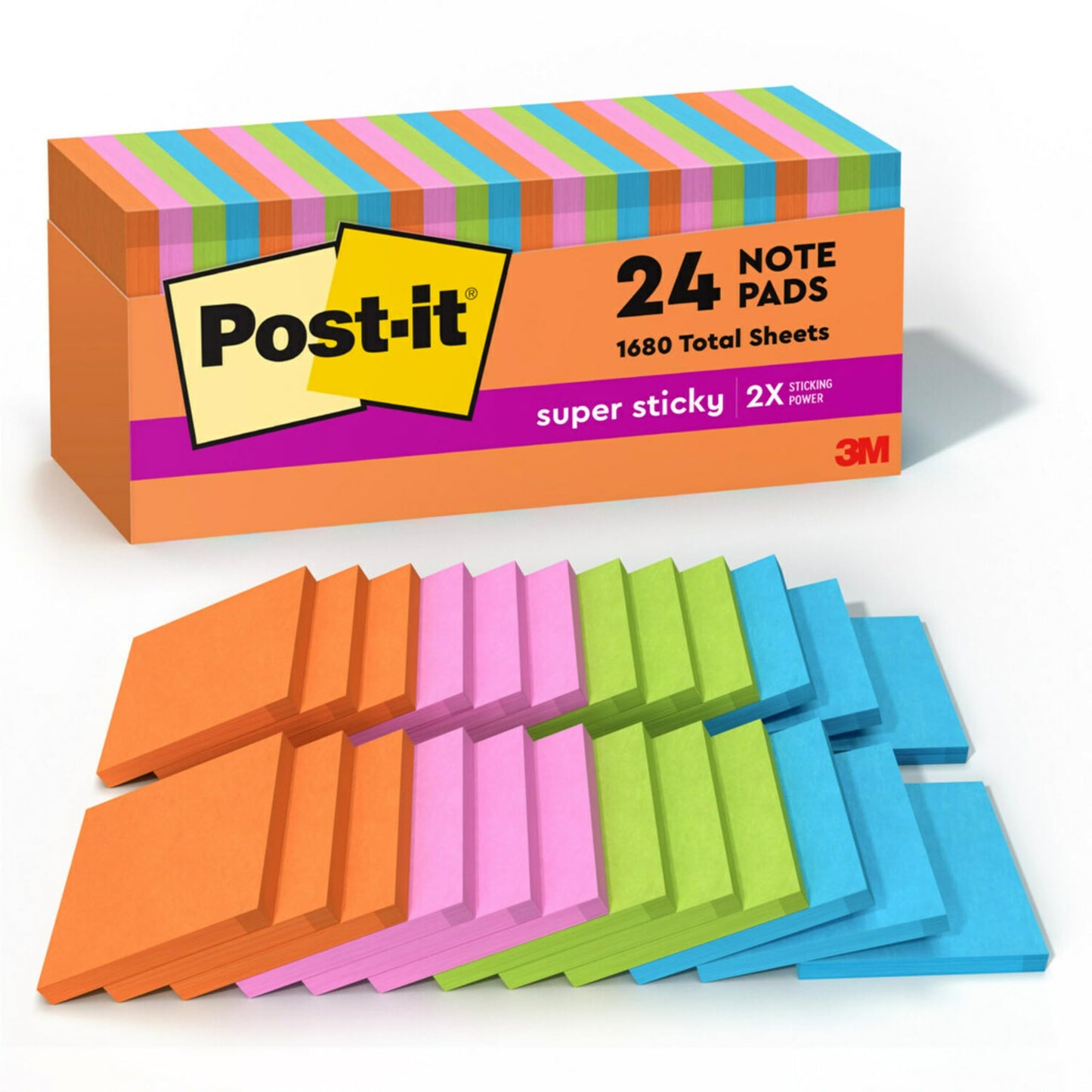 Post-it Super Sticky Notes, 3 x 3 in, Neon Fizz, 24 Pads, 70 Sheets/Pad