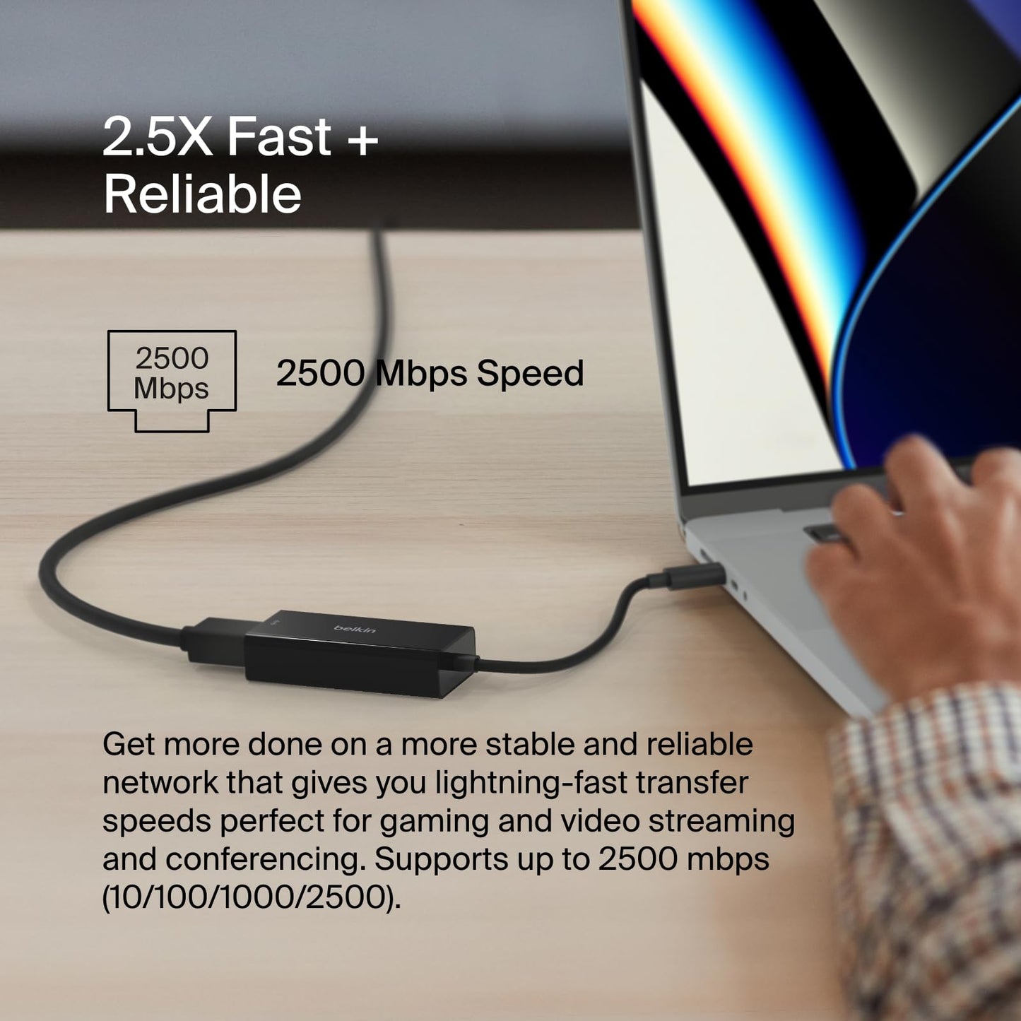 Belkin USB Type C to 2.5 Gb Ethernet Adapter, USB-IF Certified Thunderbolt 3 & 4 / USB-C to LAN Network Adapter Compatible with MacBook Pro/Air, iPad