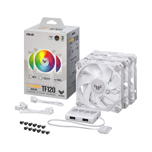 ASUS TUF Gaming TF120 ARGB White Chassis Fan 3 Pack in Customizable LEDs, Advanced Fluid Dynamic Bearing, 120mm PWM Control, Anti-Vibration Pads