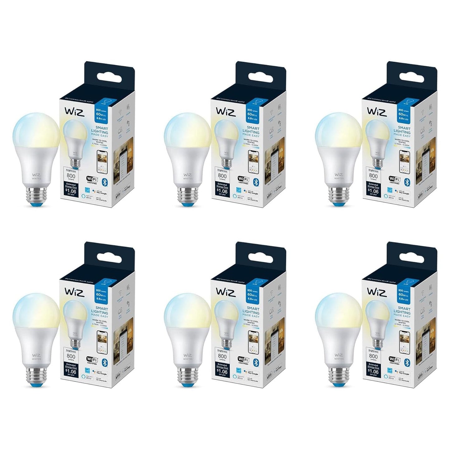 WiZ 60W A19 Tunable White LED Smart Bulb - Pack of 6 - E26- Indoor - Connects to Your Existing Wi-Fi - Control with Voice or App + Activate