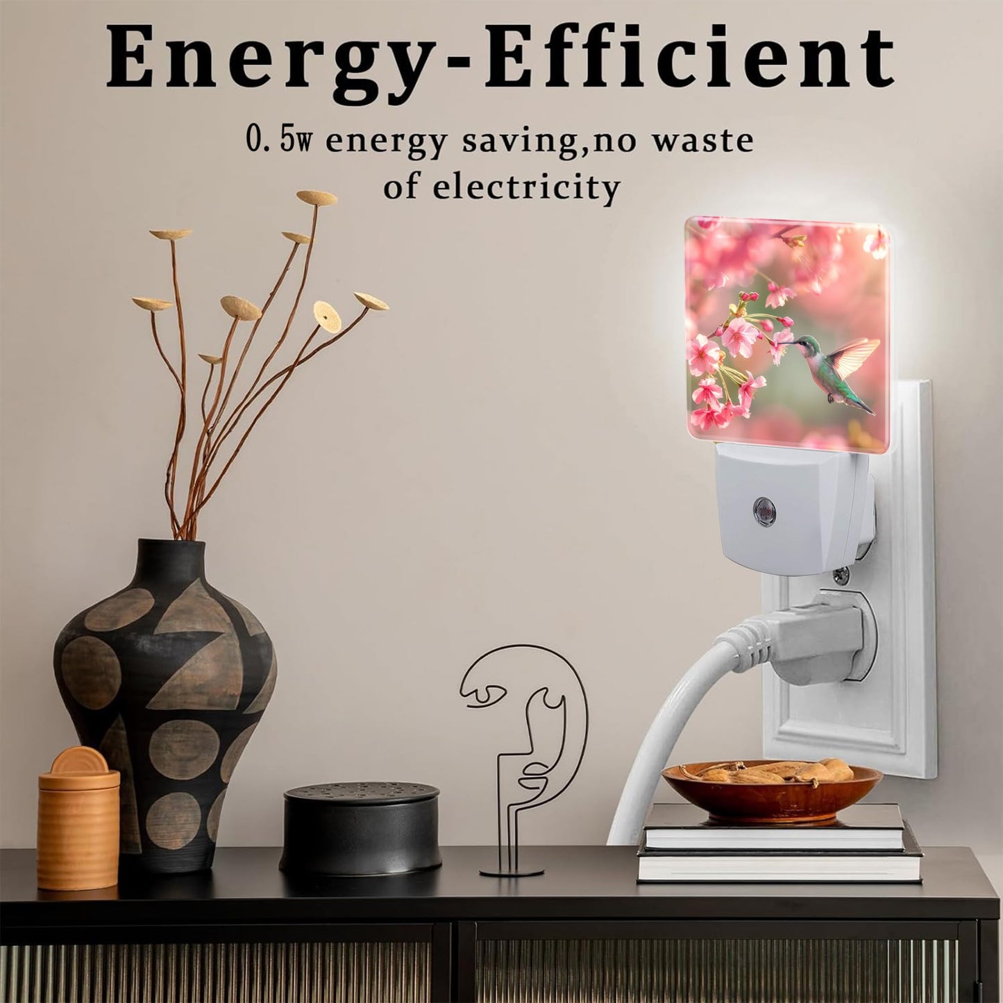 sndheke Hummingbird with Cherry Blossoms Night Light Plug into Wall, Pink Flowers Bird Dusk to Dawn Night Light Plug in,0.5w Energy Saving Sleep