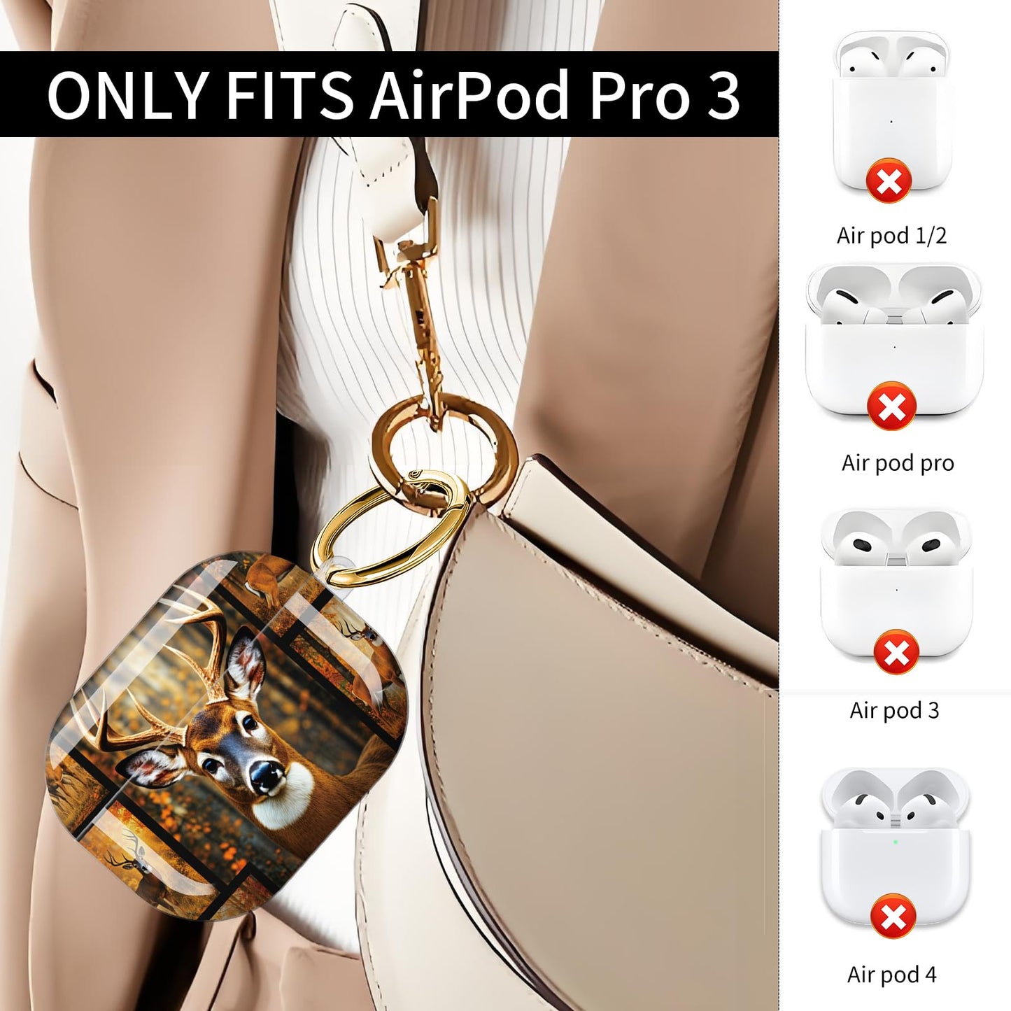 SXboxing Compatible with AirPod Pro 3 Case (2025), Shockproof Dustproof Protective Cover with Cute Golden Keychain for Women & Girls - Deer Forest