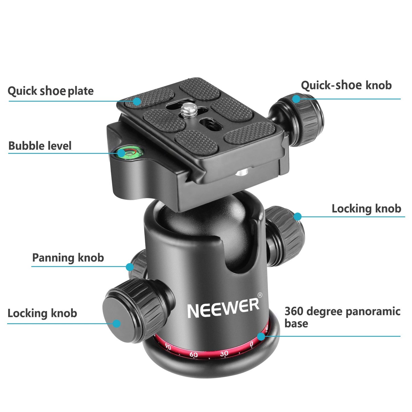 Neewer Professional Metal 360 Degree Rotating Panoramic Ball Head with 1/4 inch Quick Release Plate and Bubble Level,up to 17.6pounds/8kilograms,for