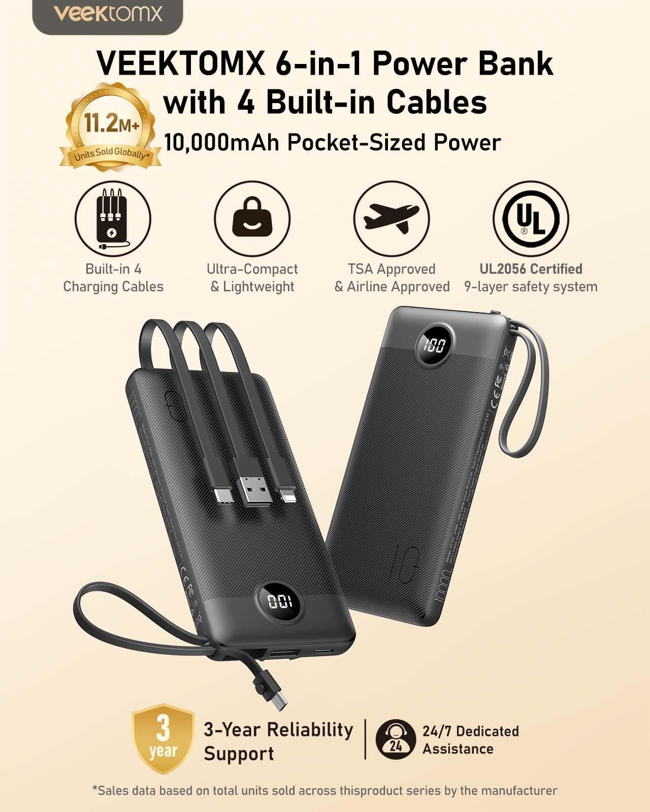 VEEKTOMX 10000mAh Portable Charger with Built-in Cables