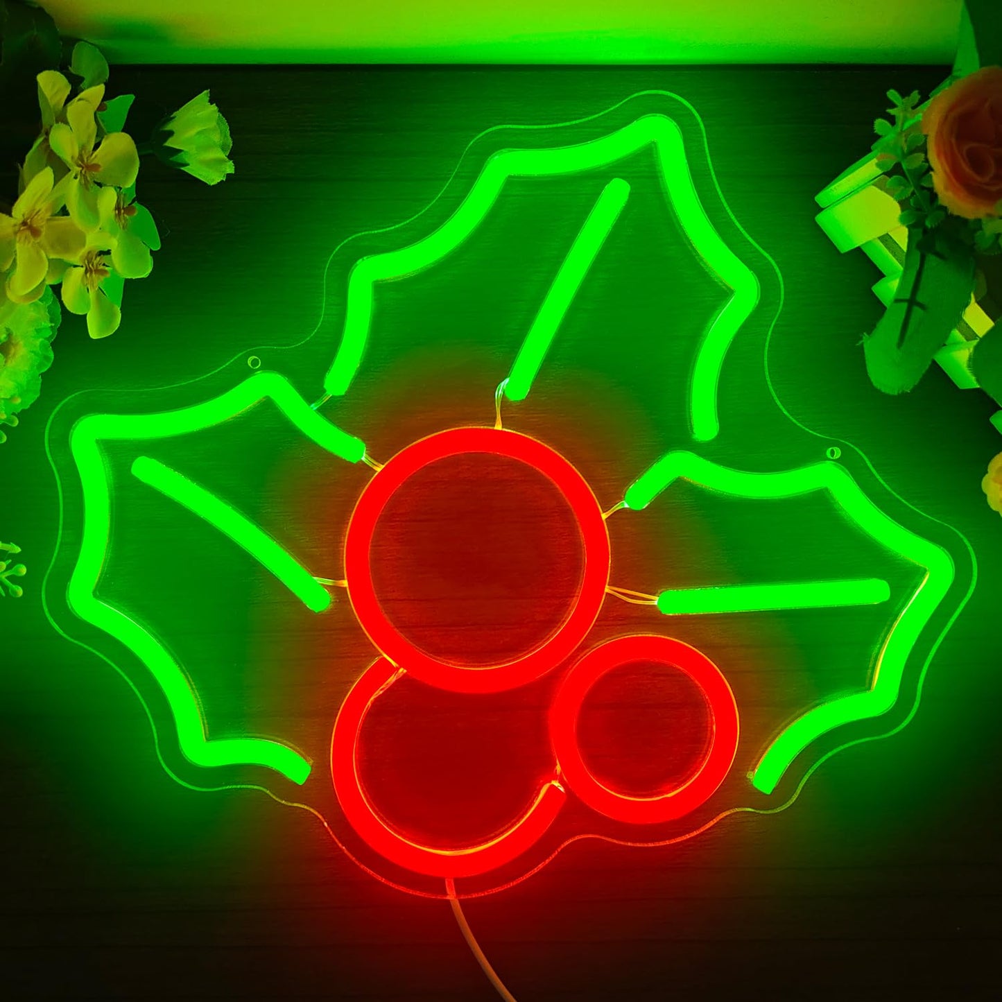 Holly Neon Sign for Wall Decor Dimmable Christmas Neon Sign Fruit Neon Light Signs Led Neon Light Up Sign Neon Signs for Bedroom Living Room Shop Bar