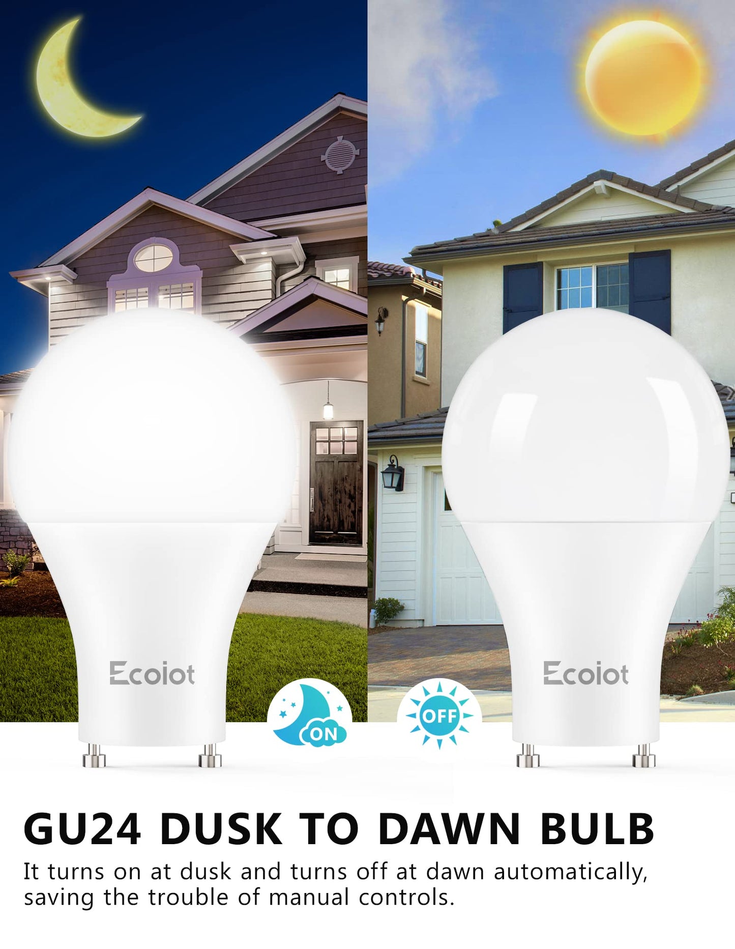 Ecoiot GU24 Dusk to Dawn Outdoor Light Bulbs,Light Sensor A19 LED Bulbs,Photocell Sensor, Automatic On/Off for Indoor/Outdoor Security