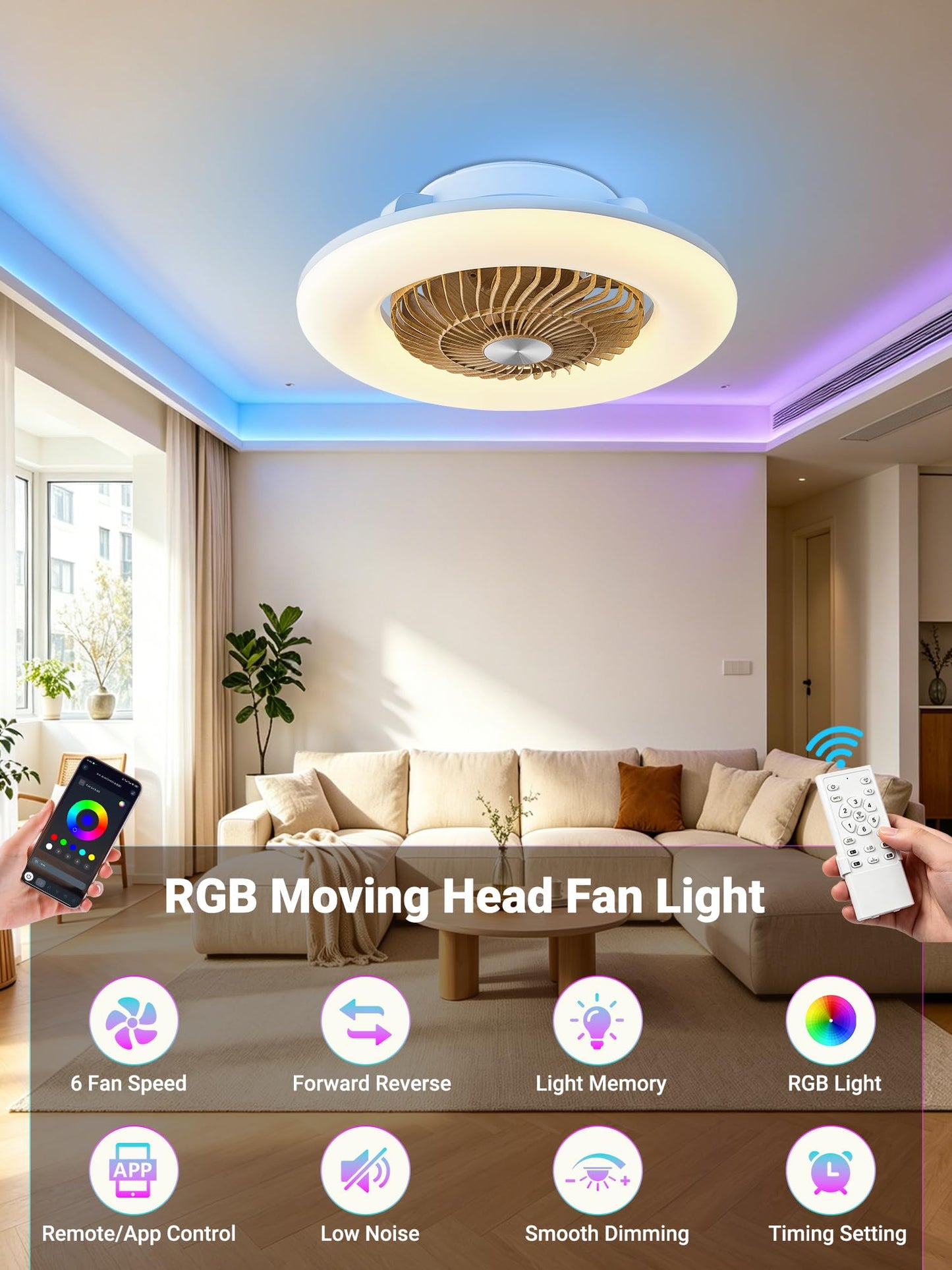 Thoxipn 22" Bladeless Ceiling Fan with RGB Light Remote/APP Control Natural
