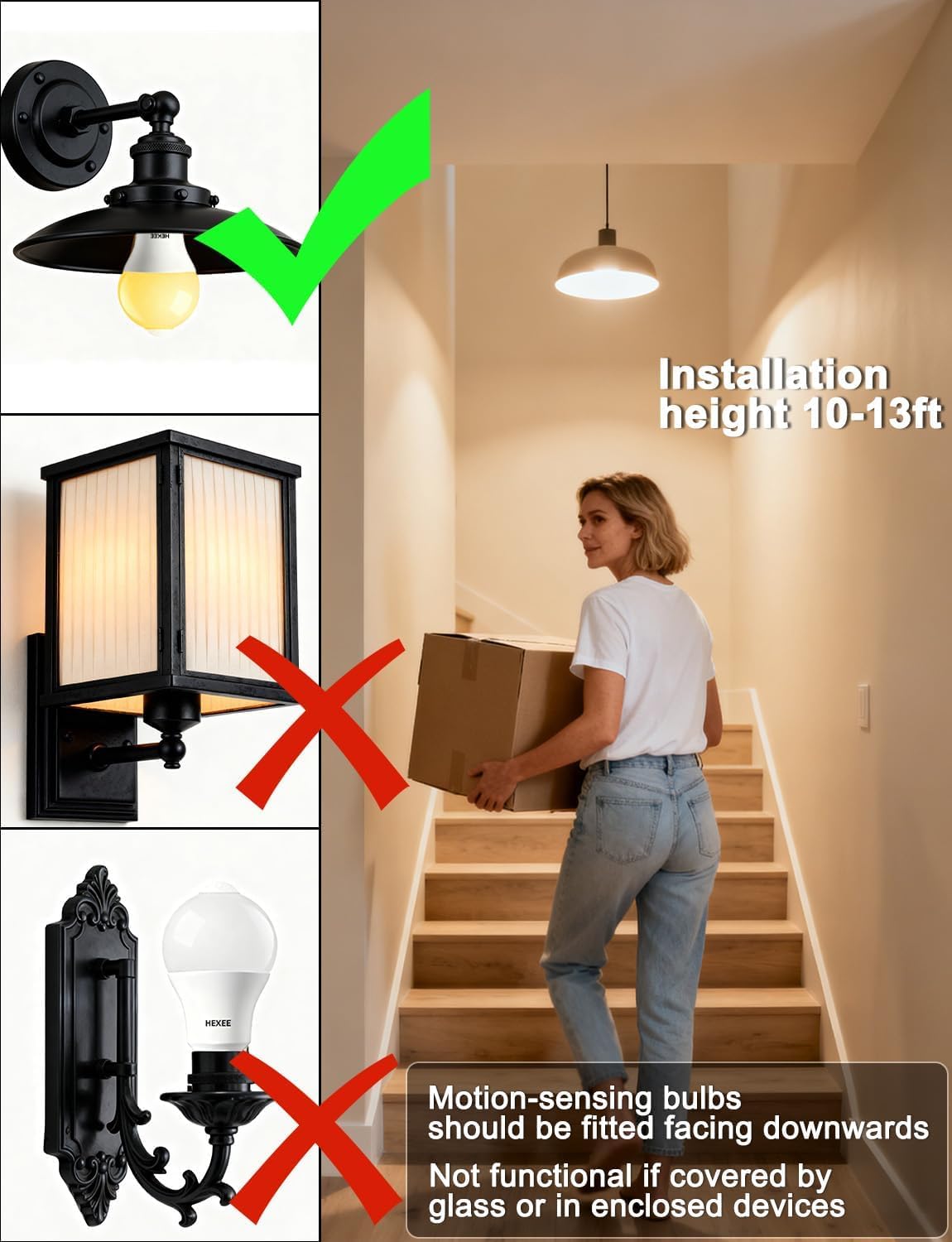 HEKEE Motion Sensor LED Light Bulb 9W A19 PIR Built-in IR 60W Equivalent Bright 900 Lumens E26 Base Warm White Bulbs (2 Packs)