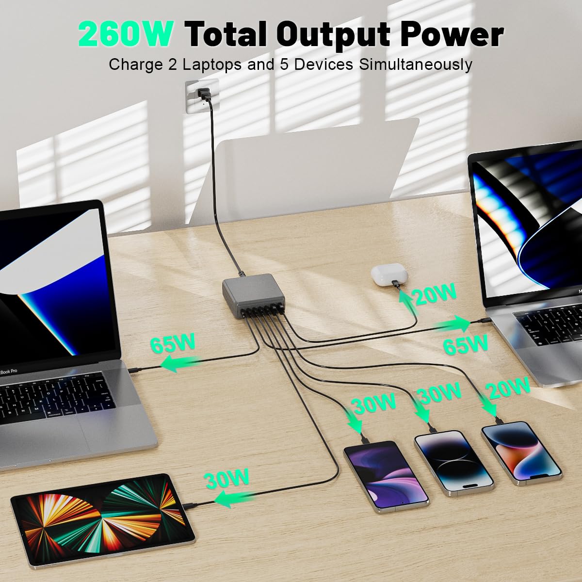 USB C Charger Block, 260W 7-Port Desktop USB C Charger, 2x65W Ports Laptop Charging Compatible with MacBook Pro/Air, iPad Series,iPhone