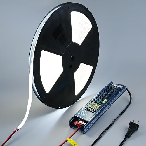 BENLUN 48V COB LED Strip Light Outdoor 65.6ft Kit, 6000K Cool White Outside Waterproof LED Tape Lights Cuttable 8W/M CRI 92 with Power Supply