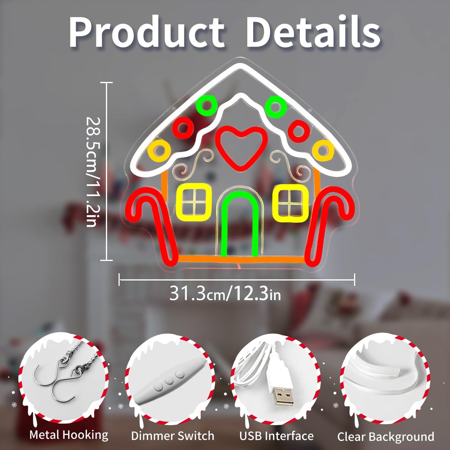 Vveikea Gingerbread Houses Neon Sign Neon Christmas Sign Dimmable Neon Lights Lighted Gingerbread House Xmas Light Up Sign Led Christmas Window