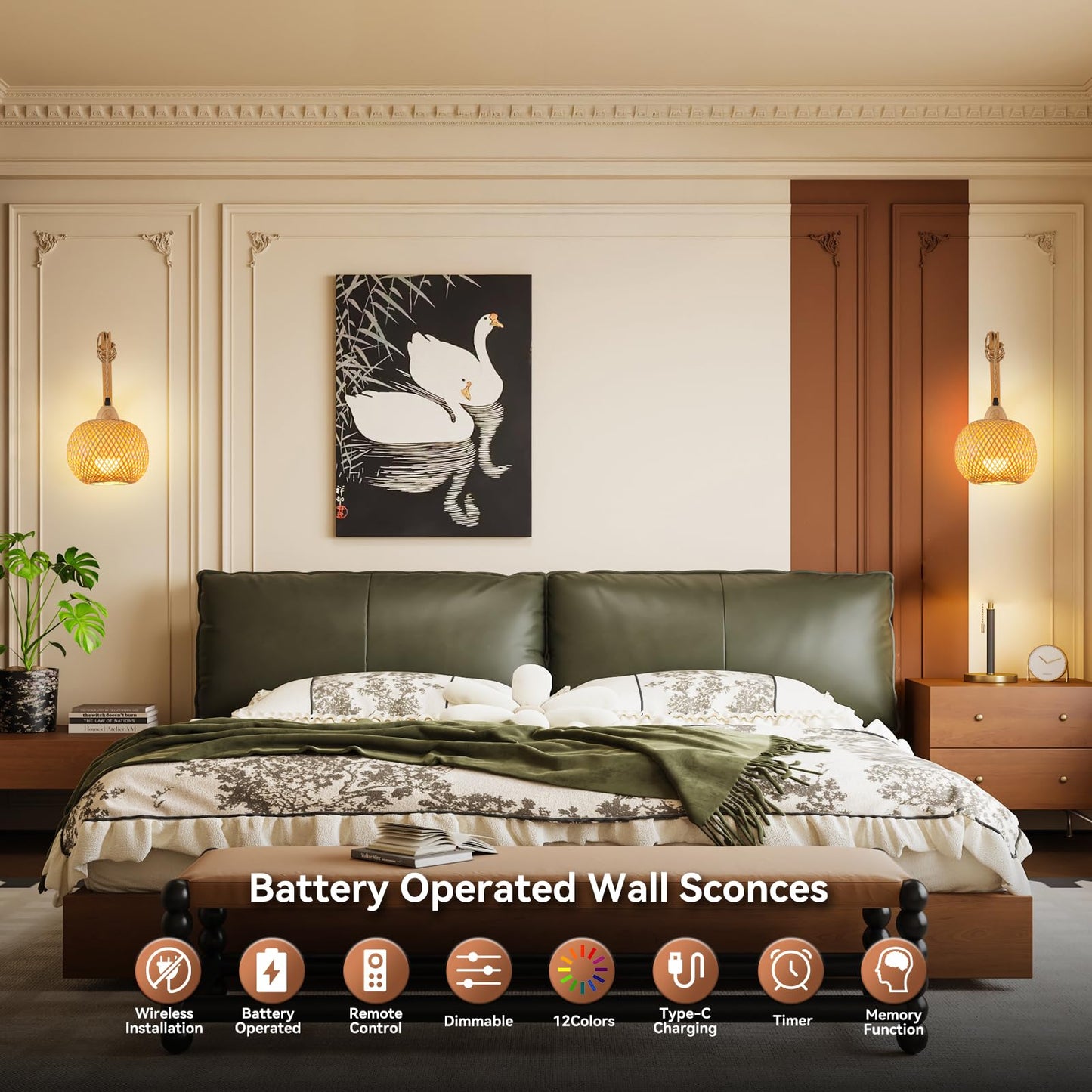 Rizzyluz Battery Operated Wall Sconces Set of 2 with Remote, Boho Bamboo Rechargeable Rattan Wall Lights, Wireless Wall Lighting Fixtures for Bedroom