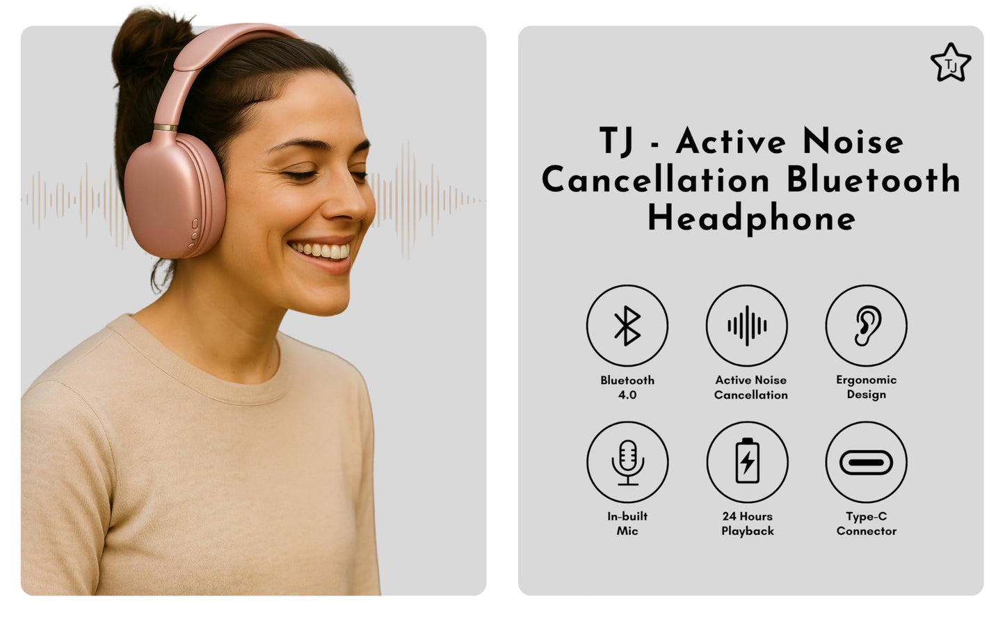 TJ Home Essentials Active Noise Cancellation Bluetooth Over Ear Headphones Leather Wireless Headset Wired Built-in MIC 24H Playtime High Res Audio
