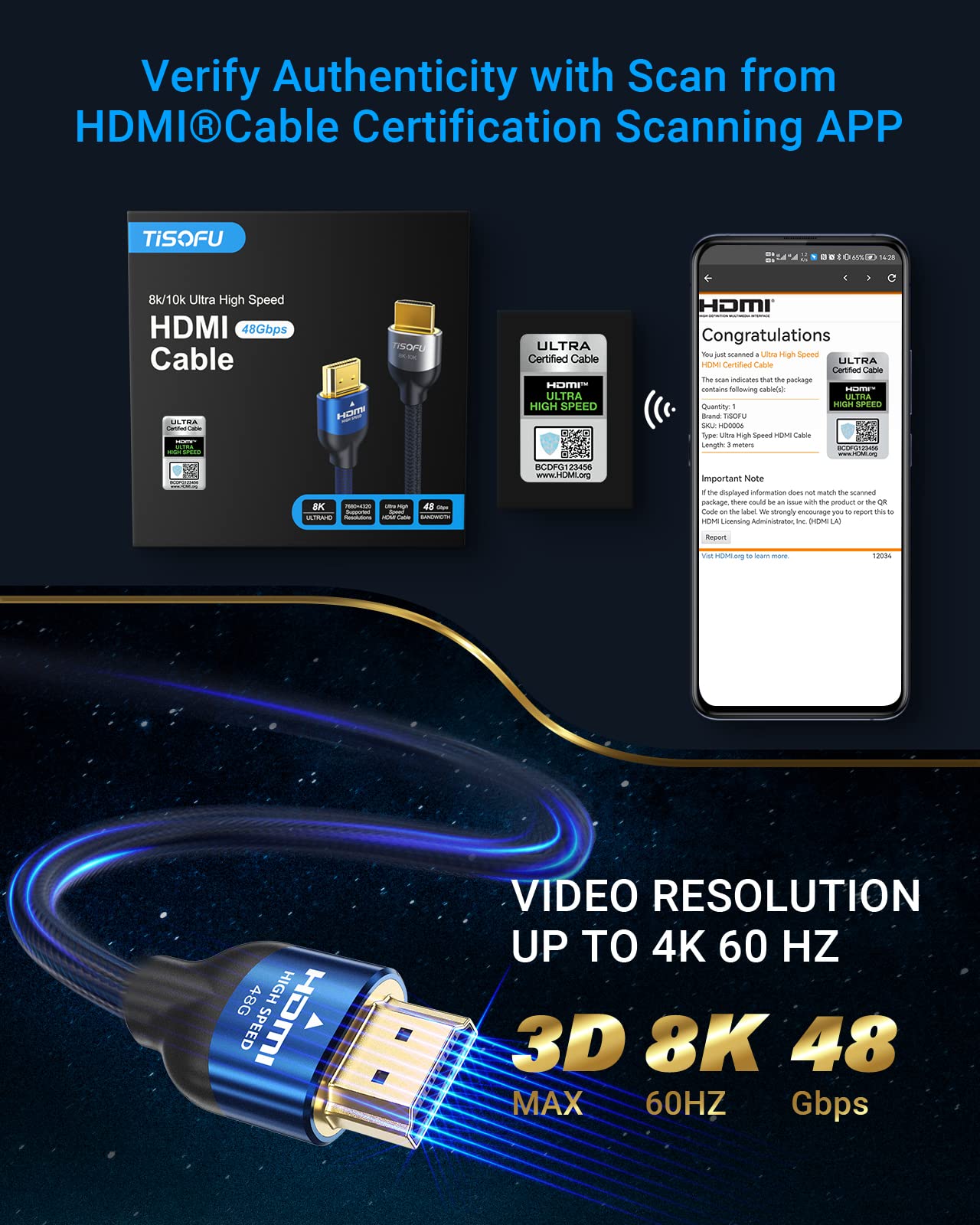 TISOFU【Ultra Certified 10K 8K HDMI Cable 10FT: HDMI 2.1 Cables 48Gbps High Speed Premium Braided Cord 8K@60Hz 4K@120Hz 4K@144Hz HDCP 2.2&2.3 CL3 ARC