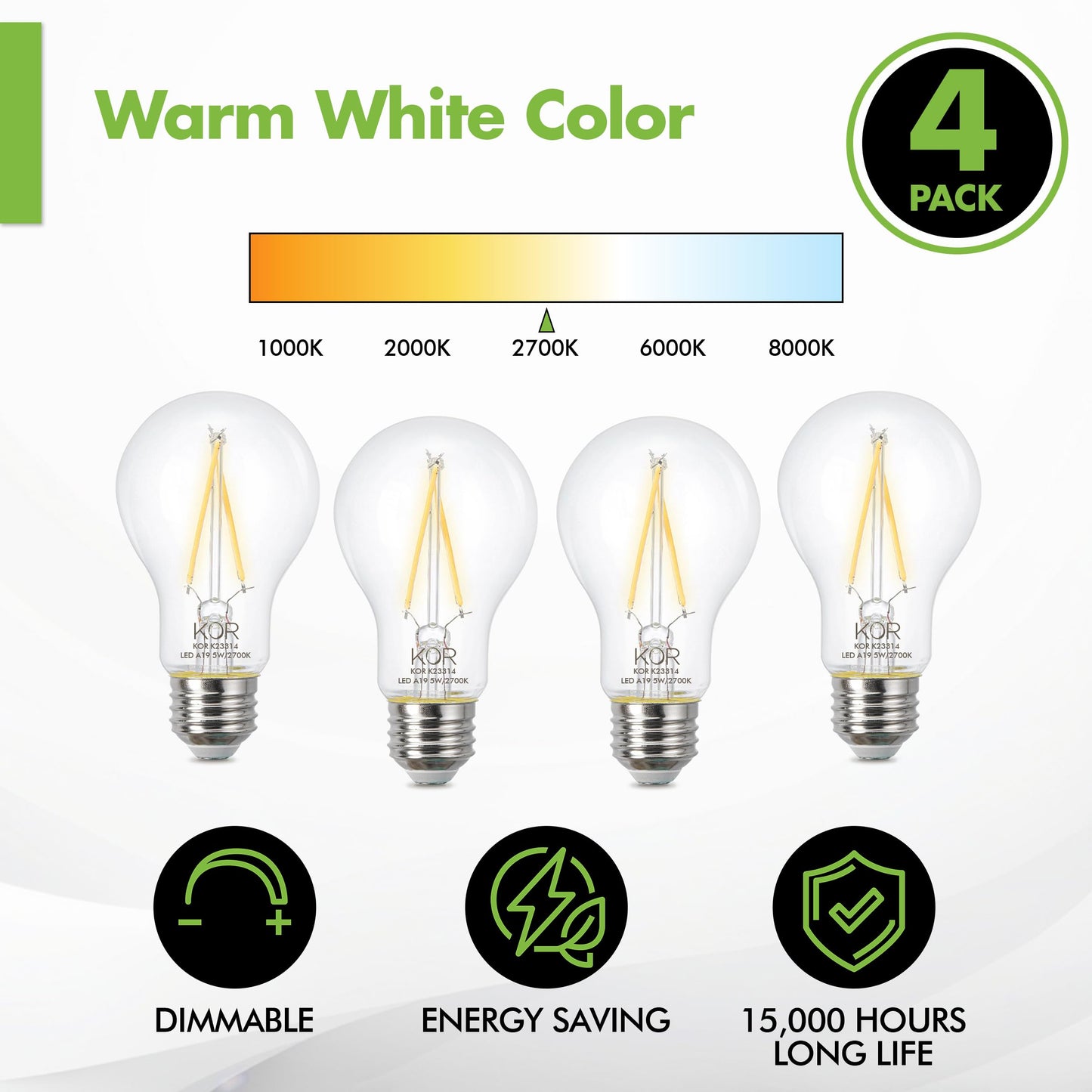 KOR LED A19 Filament Bulbs, 4 Pack, 75 Watt Equivalent, 2700K Warm White, Edison Vintage Dimmable Energy Efficient 12W, E26 Medium Base, 1100 Lumens