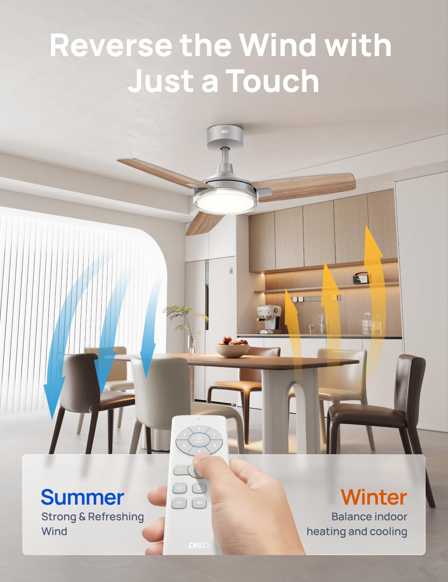 DREO Ceiling Fan with Lights, Quiet DC Motor, 20db,Quick-Install, Powerful Airflow, 6 Speeds with Remote, Reversible, 6-Level Dimmable, 5CCT, Grey