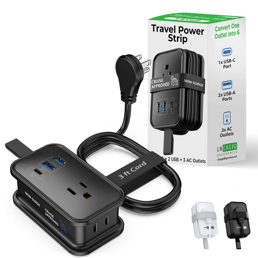 Travel Charger for Multiple Devices, Flat Plug Power Strip 3ft Adapter Extension Cord, 3 AC Outlets, 2 USB & 1 Fast Charging USB-C, No Surge Cruise