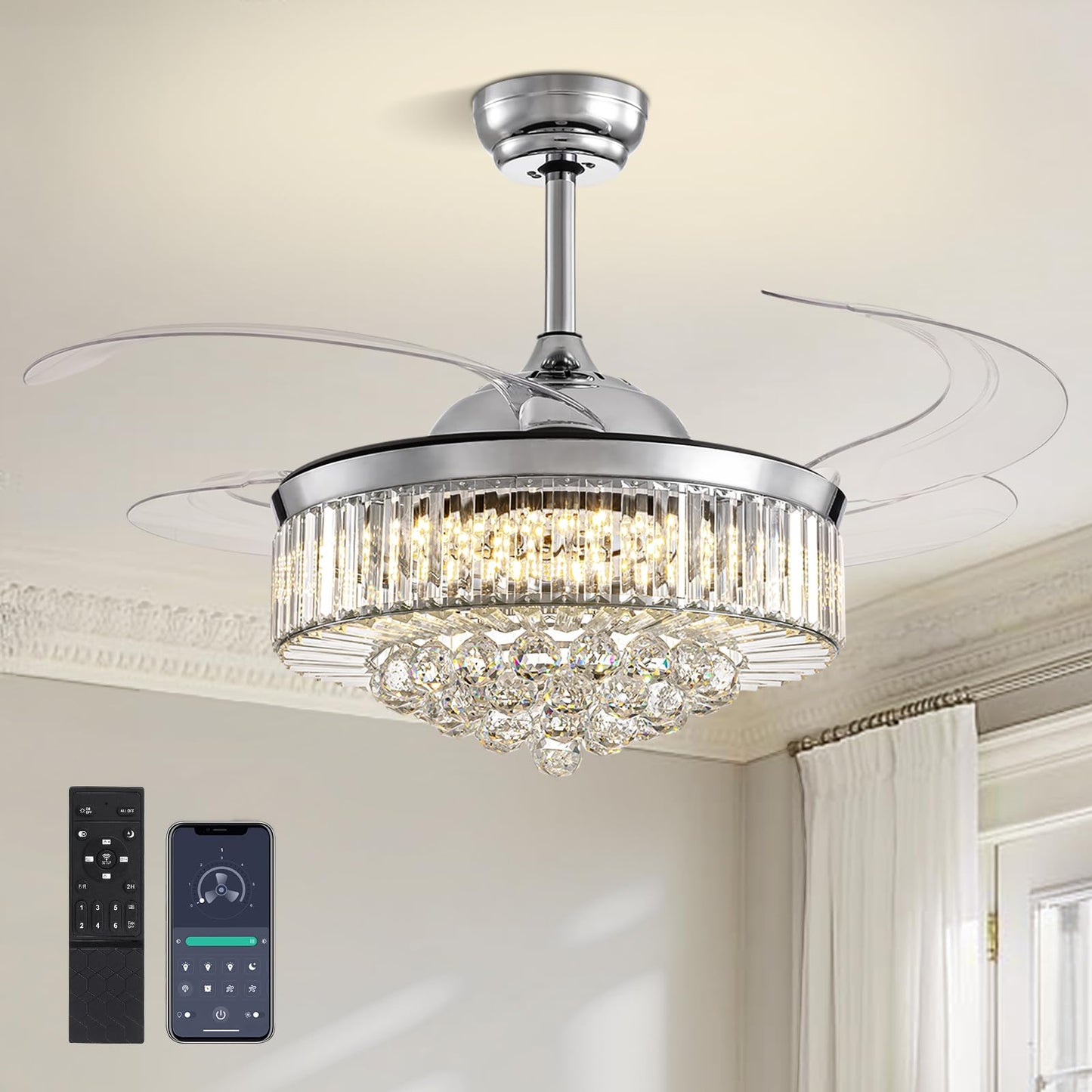 CROSSIO 48" Crystal Chandelier Ceiling Fan with Light Modern Ceiling Fan with Retractable Blades Crystal Fandelier with Remote Control Chrome
