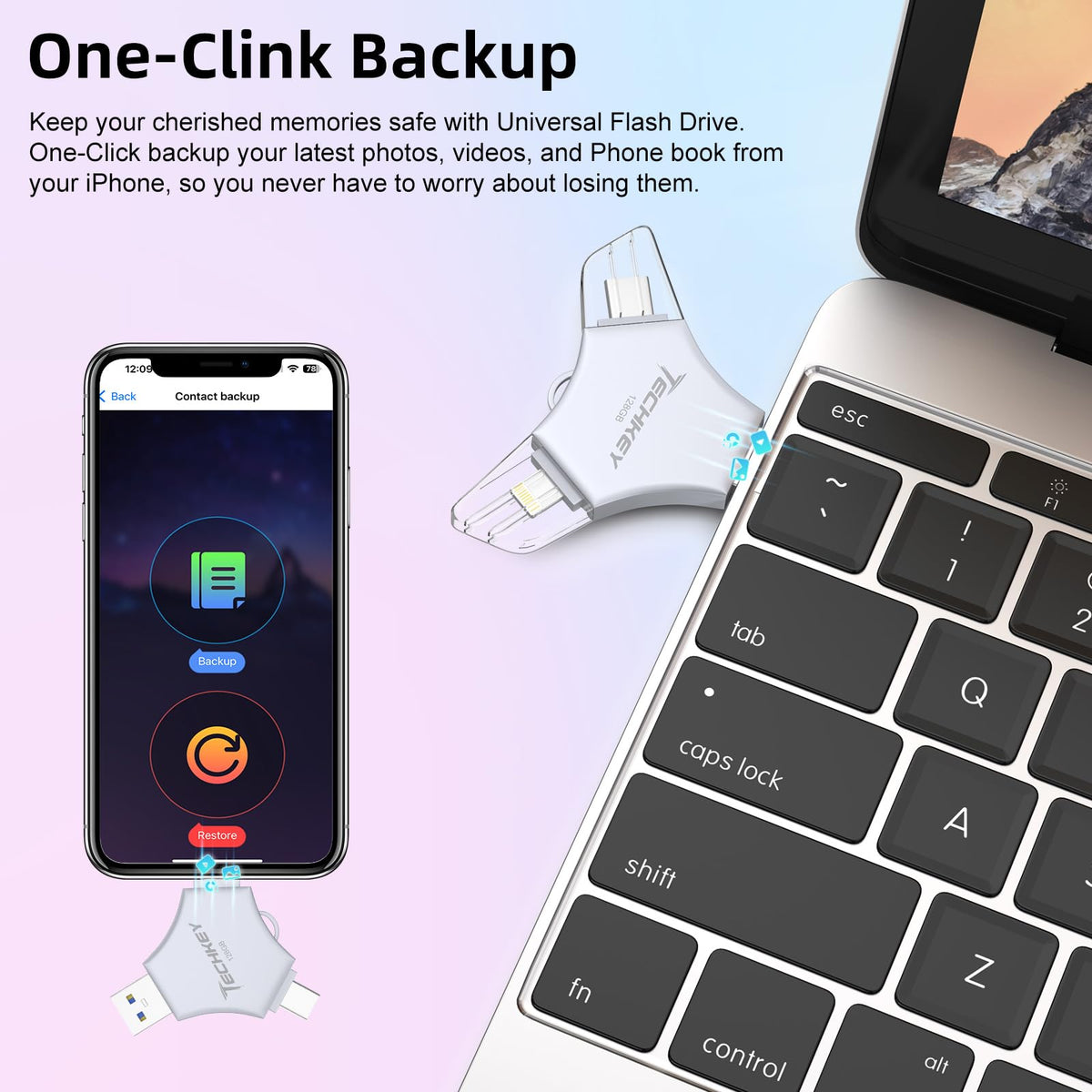 MFi Certified USB 3.0 Flash Drive 128GB for iPhone, 3in1 External Memory Photo Keeper Storage Stick for Picture/Video/Data Saver/Backup, High Speed