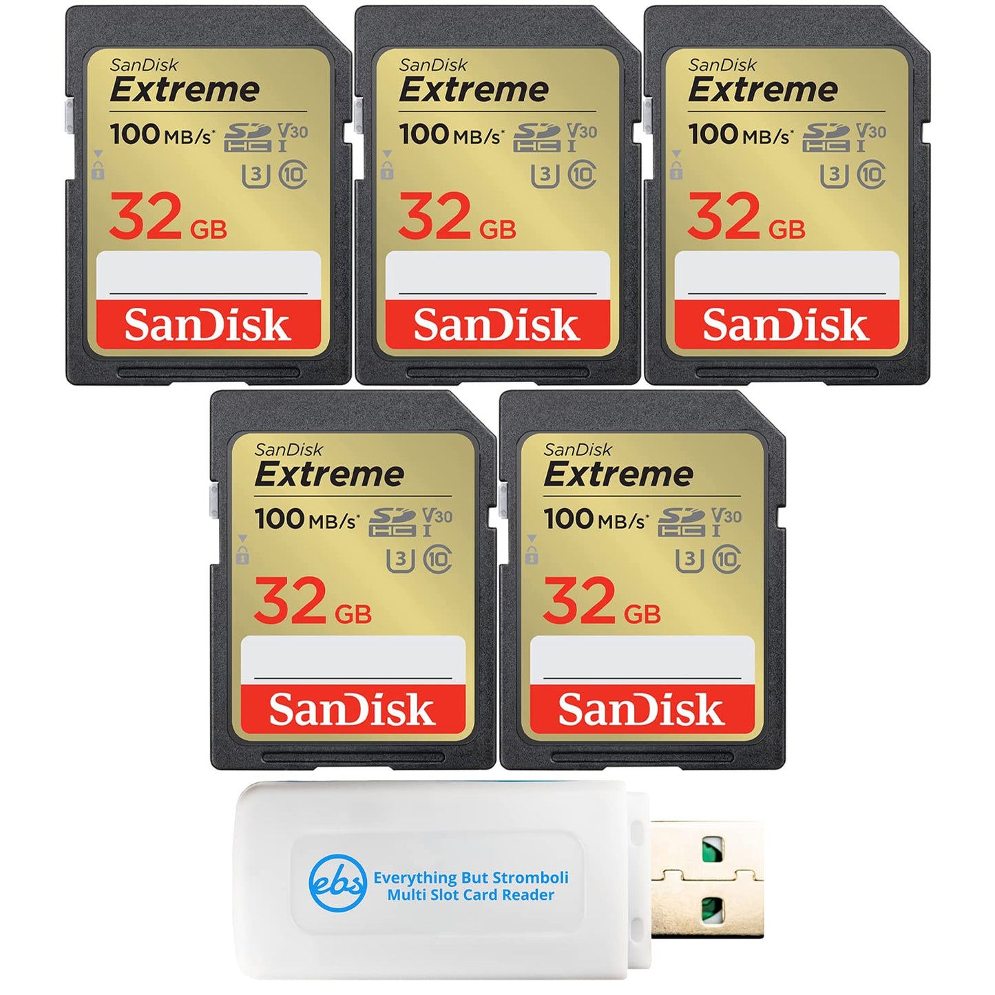SanDisk Extreme 32GB SD Card (5 Pack) Memory Cards for Works with Digital Camera, Computer, Trail Cameras (SDSDXVT-032G-GNCIN) Bundle with (1)