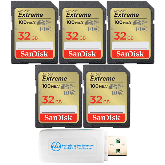 SanDisk Extreme 32GB SD Card (5 Pack) Memory Cards for Works with Digital Camera, Computer, Trail Cameras (SDSDXVT-032G-GNCIN) Bundle with (1)