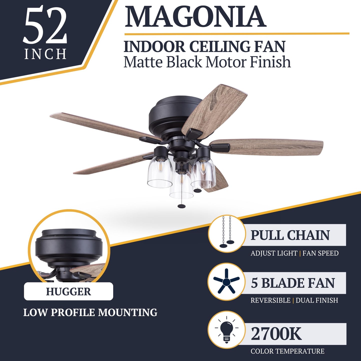 Prominence Home Magonia 52 Inch Flush Mount LED Ceiling Fan with Light, Pull Chain, Reversible Motor, 5 Dual Finish Blades, Matte Black