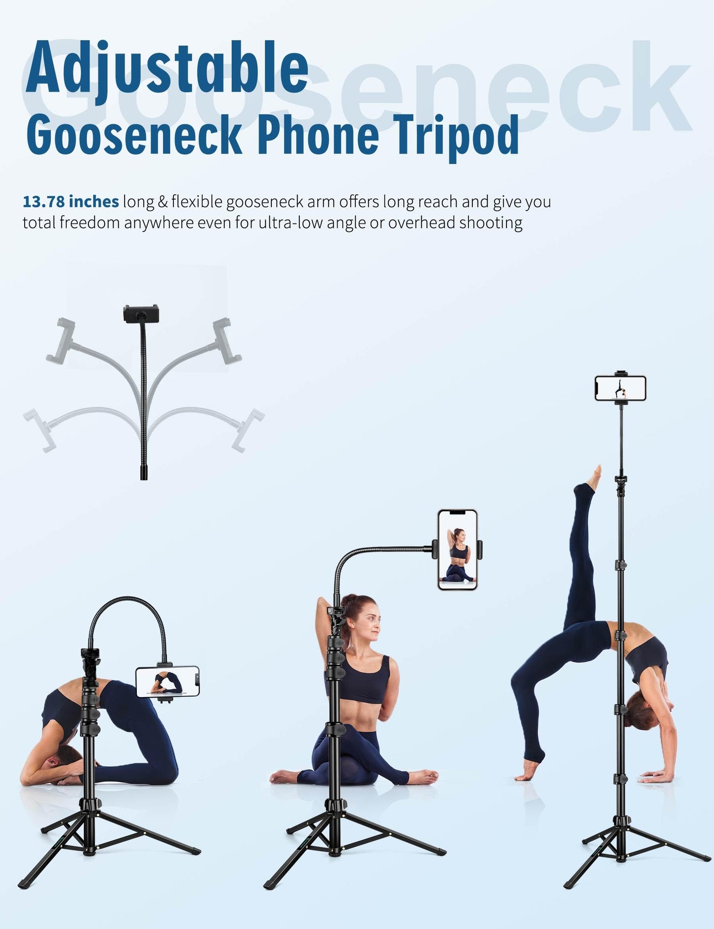Nineigh Phone Tripod, 85" Tripod for Cell Phone iPhone with Gooseneck, Aluminum Tripods Stand for Video Recording Photo Vlog, Travel Cellphone Tripod