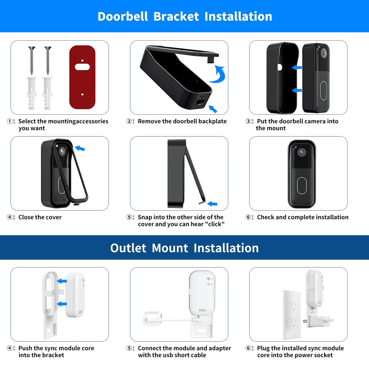 Blink Doorbell Mount for All-New Blink Video Doorbell, with Outlet Wall Mount for Sync Module Core,No Drilling No Screws Camera Mounting Holder, Easy