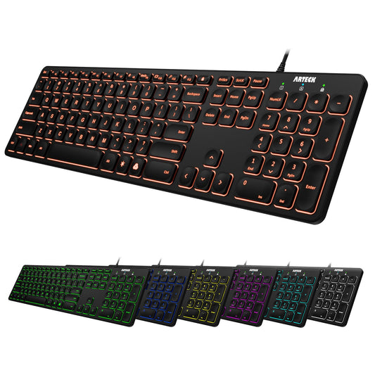 Arteck Backlit USB Wired Full Size Keyboard with Media Hotkey for PC and Laptop