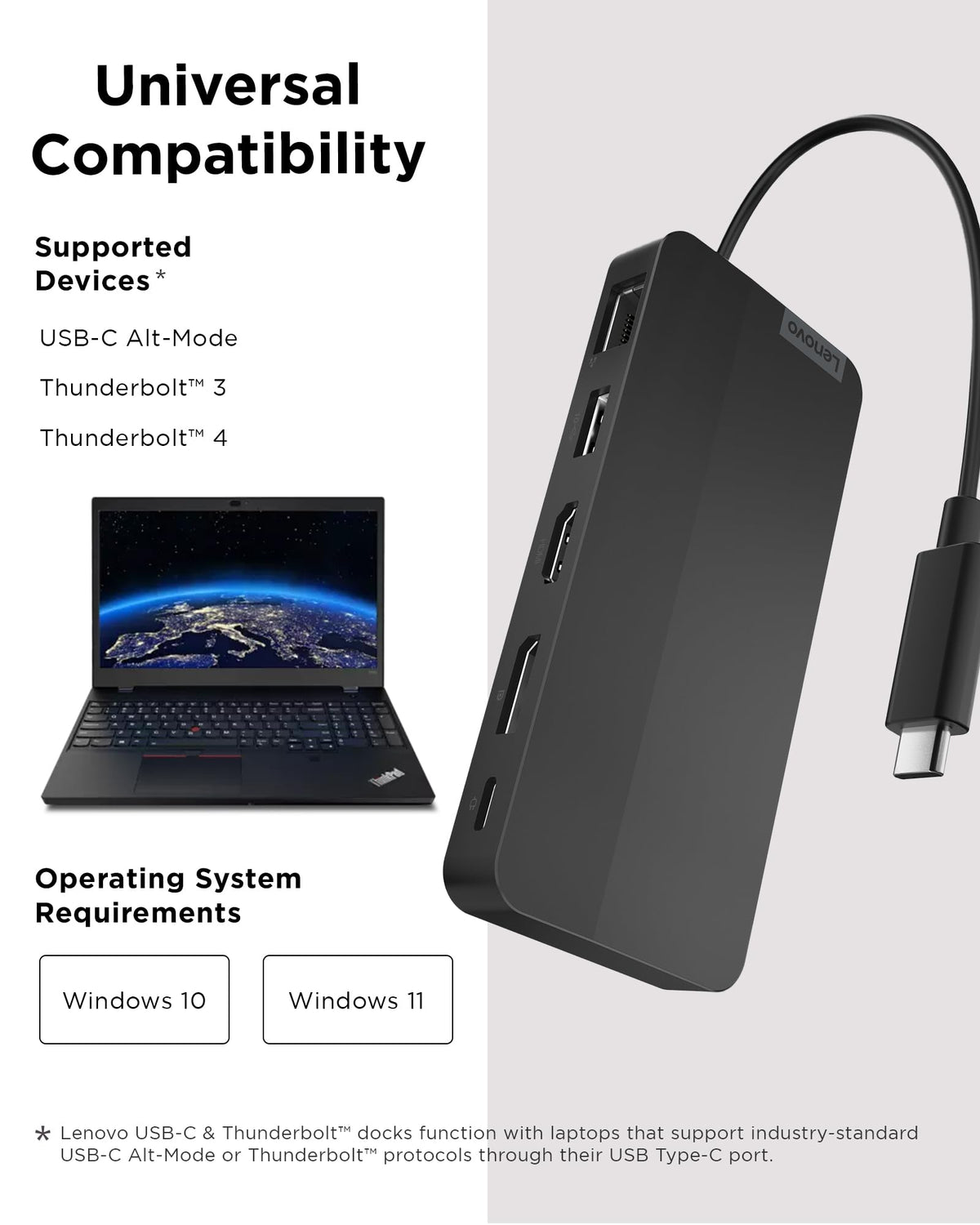 Lenovo USB-C Dual Display Travel Dock - 7 Ports, Integrated Cable, Universal Compatibility, Two displays at 4K - Black