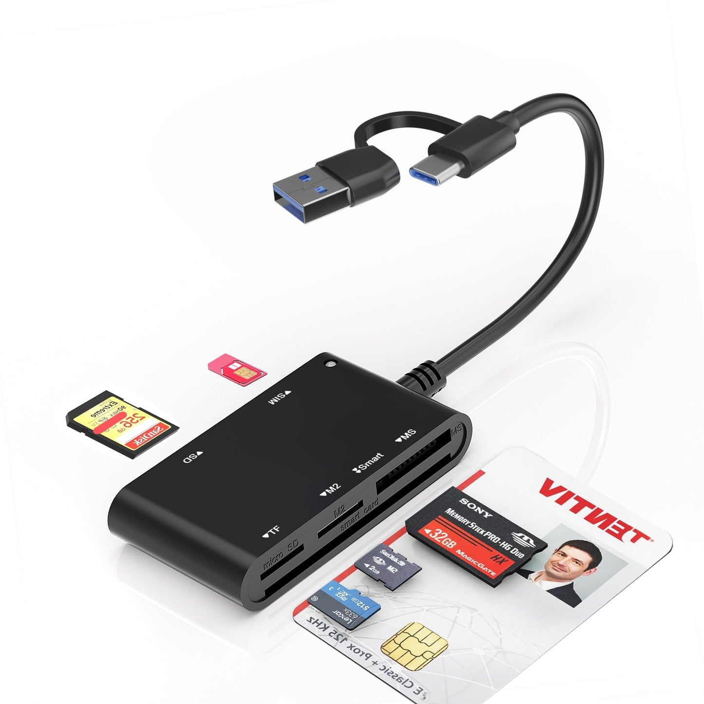 Type C/USB SIM Card Adapter - 7 in 2 CAC Smart Card Reader Military, MS Pro Duo/SD/TF/M2/ID/IC/PIV/SIM Card Reader, Memory Stick Pro Duo Adapter SIM