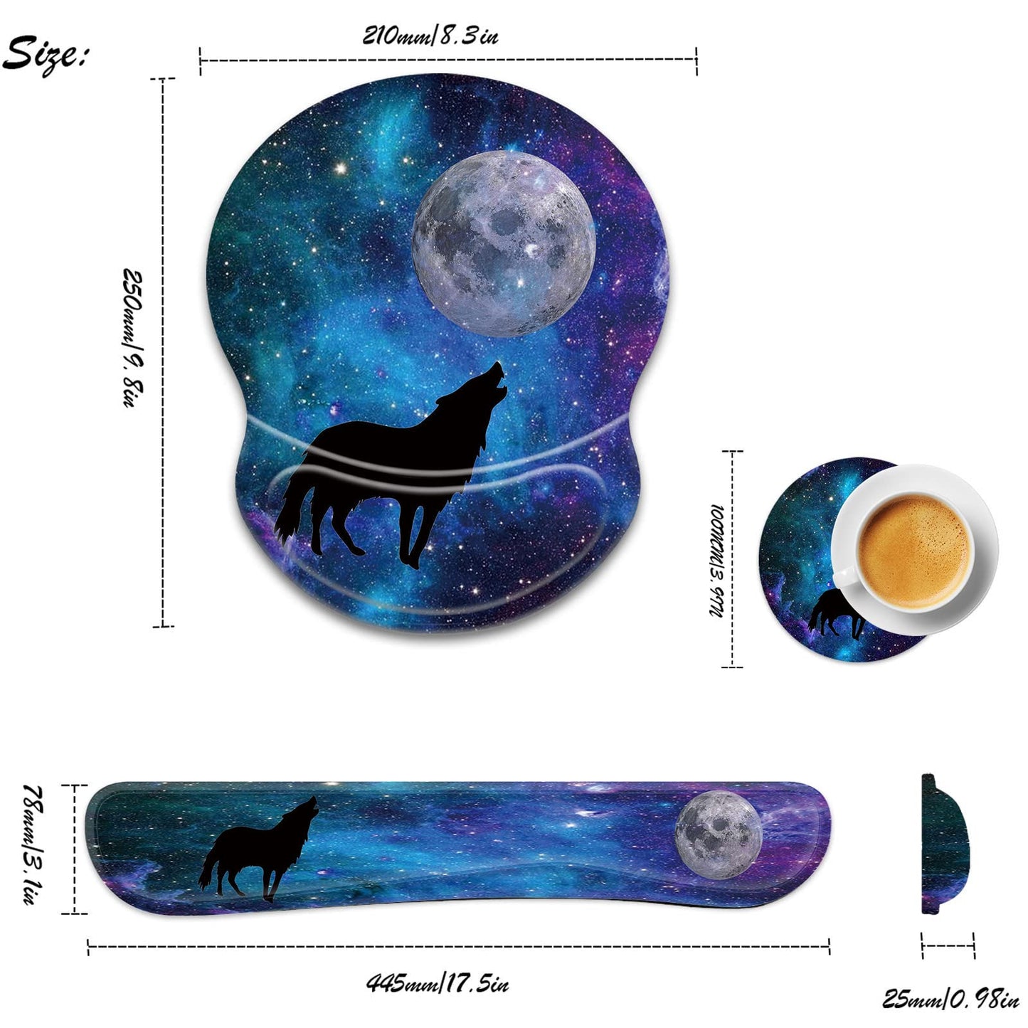 CUISHAN Ergonomic Gel Mouse Wrist Rest Pad and Keyboard Set, Anti-Slip PU Bottom Easy Typing Relieve Pain with Cute Coaster Set (3-Fantasy Wolf Moon