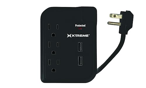 Xtreme XWS8-0107-BLK 3 Outlet Corded Surge with 2 USB Ports, Computer Surge Protector, Black