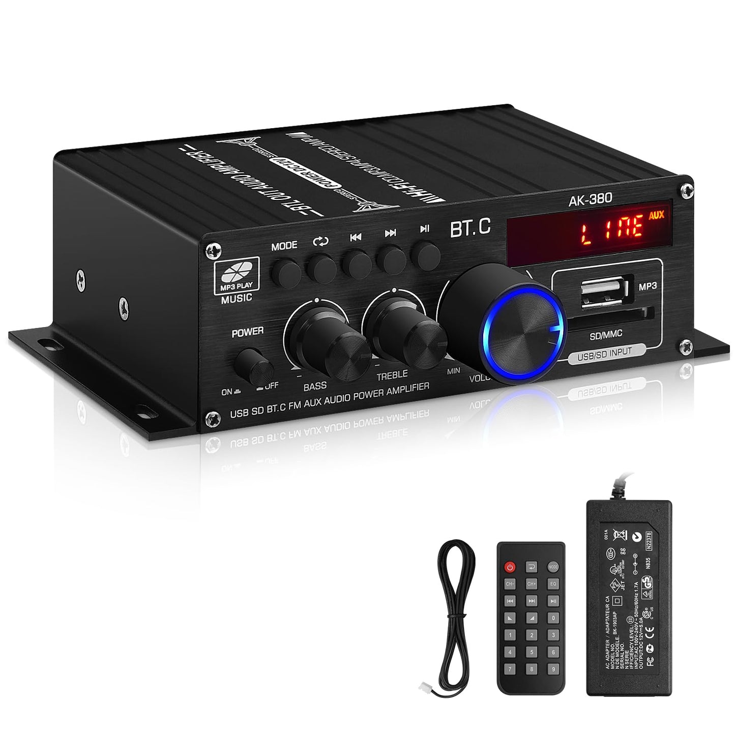 AK-380 USB SD BT.C FM AUX Audio Power Amplifier 2.0 CH 40W+40W HiFi Stereo AMP Speaker Bluetooth 5.0 Amp Receiver with 12V 5A Power Supply,FM Antenna