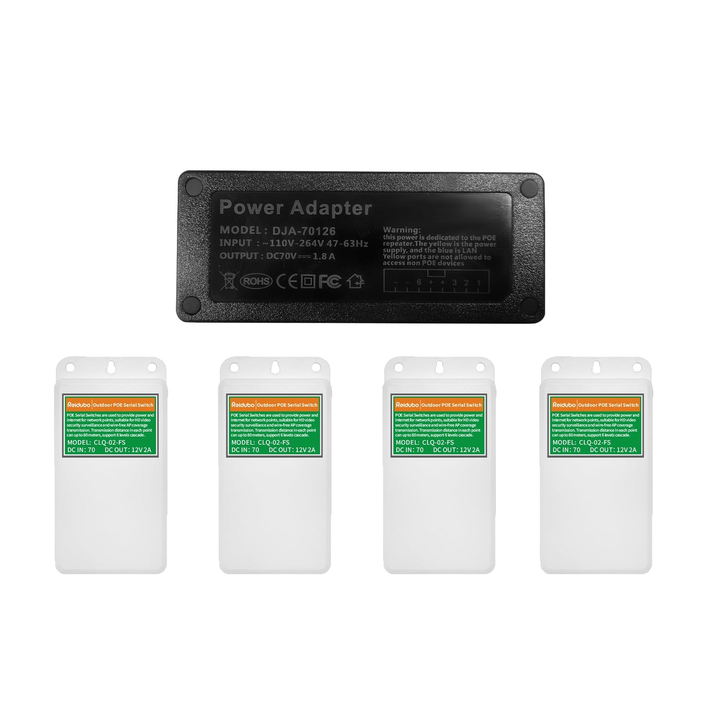 PoE Injector Adapter with 4 PoE Splitters 5.5x2.1mm 12V2A Output, PoE Serial Splitter Kit Comply IEEE 802.3af/at Standard, Total Distance Up to 1312