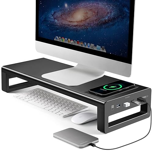 Vaydeer Wireless Charging and USB 3.0 Monitor Stand, Monitor Riser for Desk with Storage, Single Shelf Holder Raiser Organizer for Computer iMac