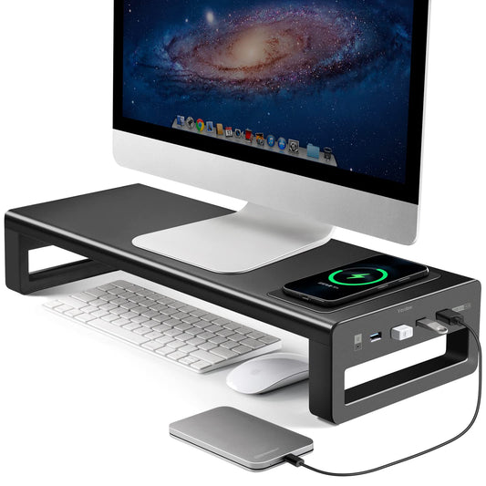 Vaydeer Wireless Charging and USB 3.0 Monitor Stand, Monitor Riser for Desk with Storage, Single Shelf Holder Raiser Organizer for Computer iMac