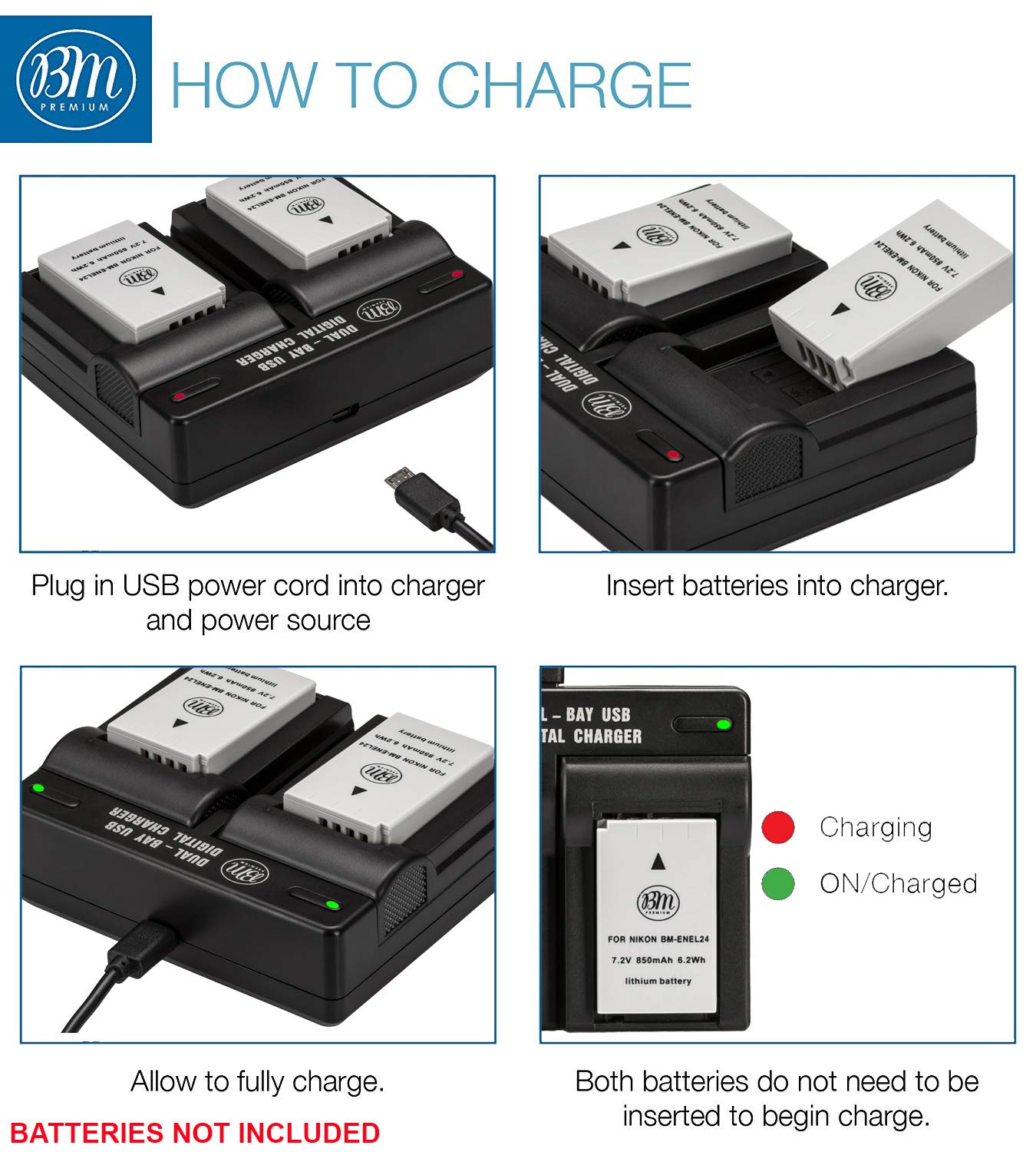 BM Premium EN-EL24 Dual Battery Charger for Nikon 1 J5, DL18-50, DL24-85 Digital Camera