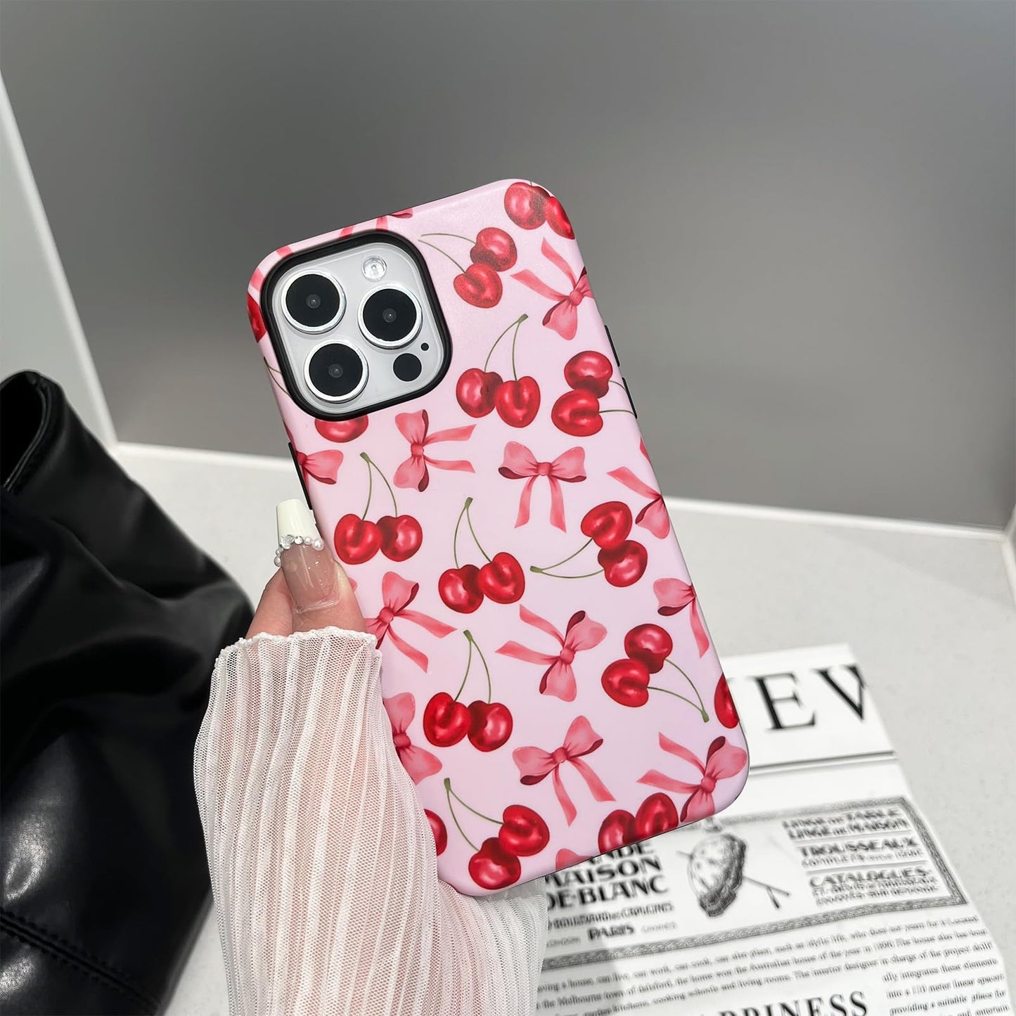 branple Compatible with iPhone 12 Pro Max Case,Cute Pink Cherry Bow Pattern with Shockproof Slim Soft TPU and Hard PC Protective Cover for Women
