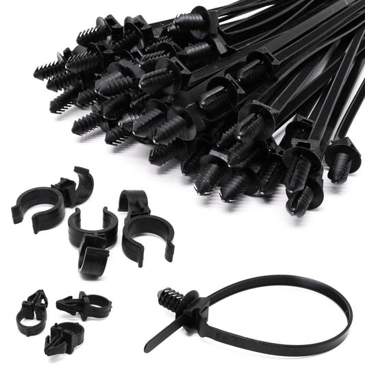 S SYDIEN Push Mount Zip Ties 50Pcs, Heavy Duty Black Wire Zips Tie Mounts, 2 in 1 Nylon Self Locking Push Mount Cable Zip Tie for Engine Bay Wire