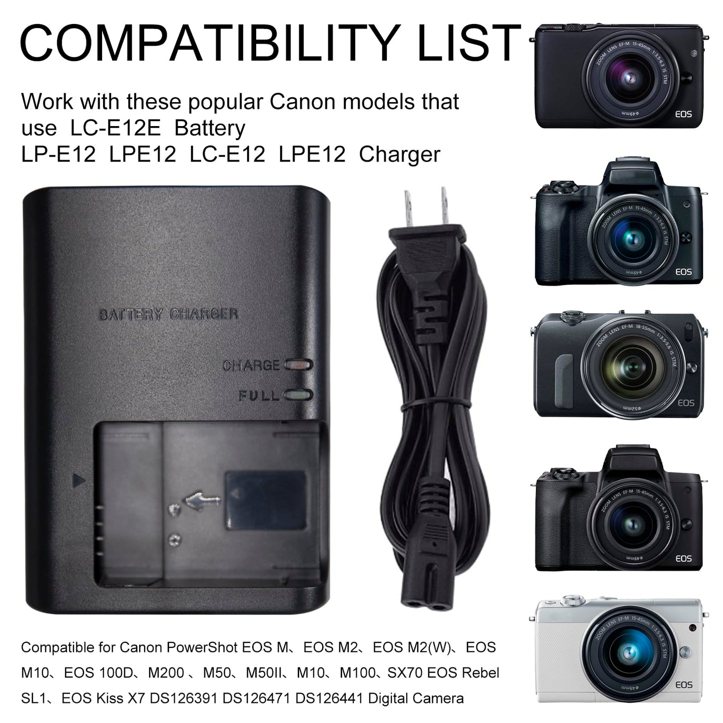 LC-E12E Battery Charger for Canon LP-E12 LC-E12 Battery Compatible with Canon EOS M M2 M10 M50 M50 Mark II M100 M200 100D Rebel SL1 PowerShot SX70 HS