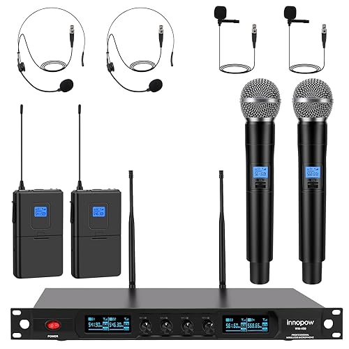 innopow 4-Channel Wireless Microphone System, Quad UHF Metal Cordless Mic, 2 Handheld Mics, 2 Bodypack Mics, Long Distance150-200Ft, Fixed Frequency