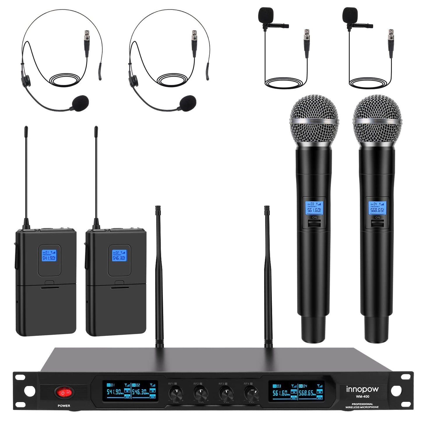 innopow 4-Channel Wireless Microphone System, Quad UHF Metal Cordless Mic, 2 Handheld Mics, 2 Bodypack Mics, Long Distance150-200Ft, Fixed Frequency