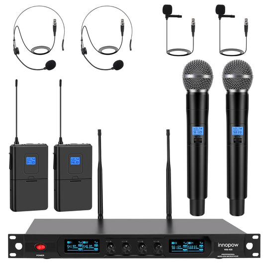 innopow 4-Channel Wireless Microphone System, Quad UHF Metal Cordless Mic, 2 Handheld Mics, 2 Bodypack Mics, Long Distance150-200Ft, Fixed Frequency