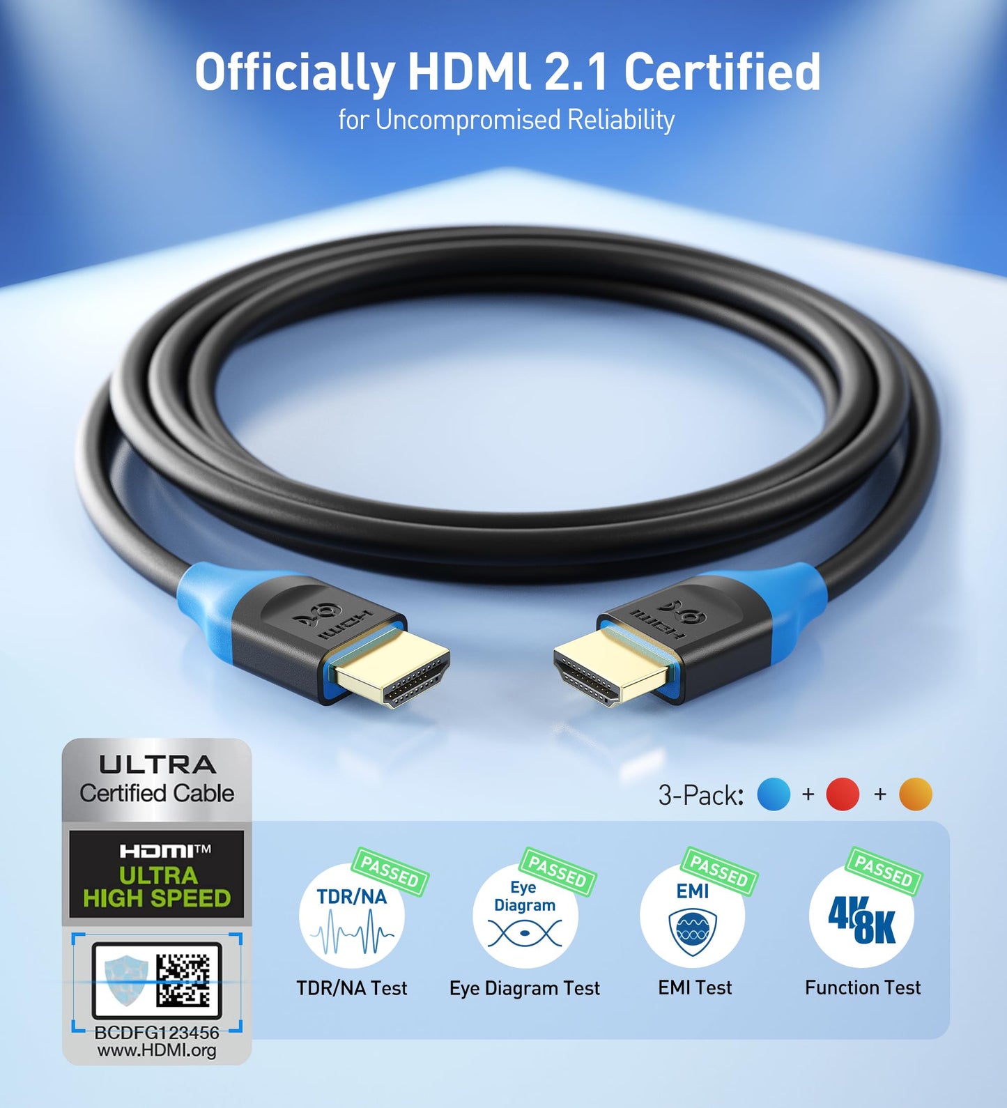 Cable Matters [Ultra High Speed HDMI Certified] 3-Pack 48Gbps 8K HDMI Cable 6.6 ft / 2m with 8K@60Hz, 4K@240Hz and HDR Support for PS5, Xbox Series