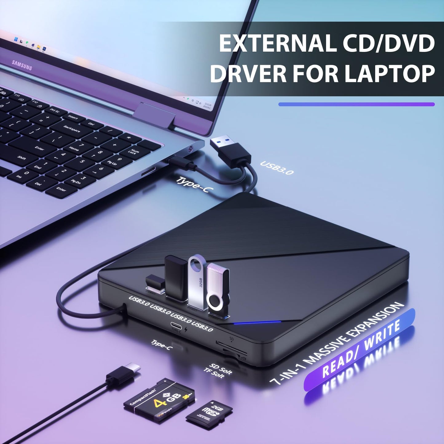 TYYWGD 7 IN1External CD/DVD Drive for Laptop, CD Burner CD/DVD +/-RW Optical Drive, Slim Portable DVD CD ROM Rewriter Writer Duplicator for Laptop