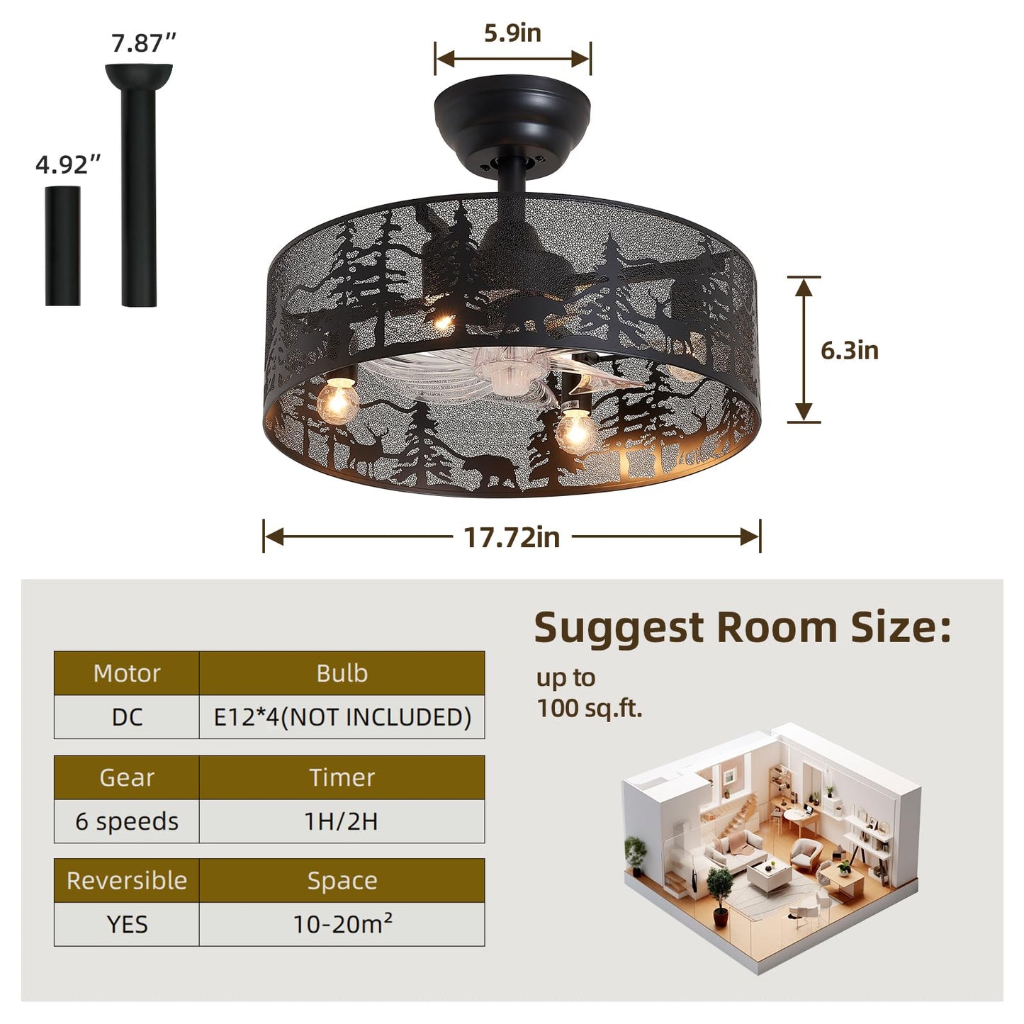 Merexcint Rustic Ceiling Fan with Light and Remote, Black Round Fandelier