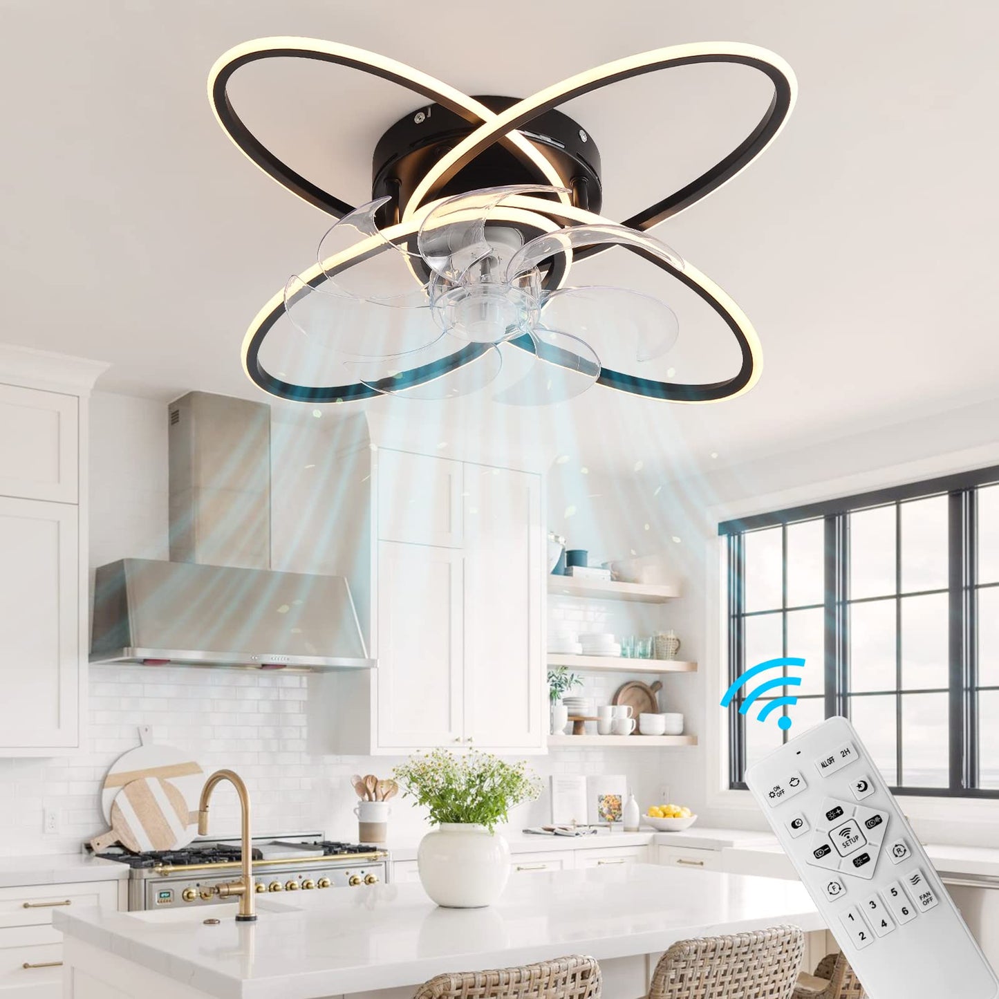 WWahuayuan Modern Ceiling Fan with Lights Remote Control, Silent 6 Speed 3 Color Dimmable Ceiling Fan Lamp Fandelier with Invisible Blades for Living