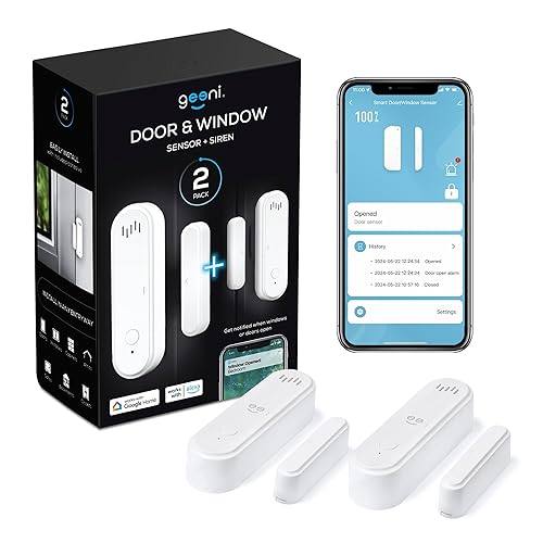 Geeni Smart Door and Window Sensor Alarm 2 Pack WiFi Battery Powered Security Sensor with Siren, Instant Alerts, Alexa & Google Assistant Compatible